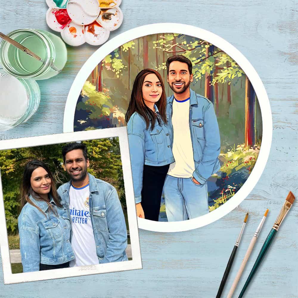 Photo Caricature Nameplate - Holiday Couple - Evergreen Forest