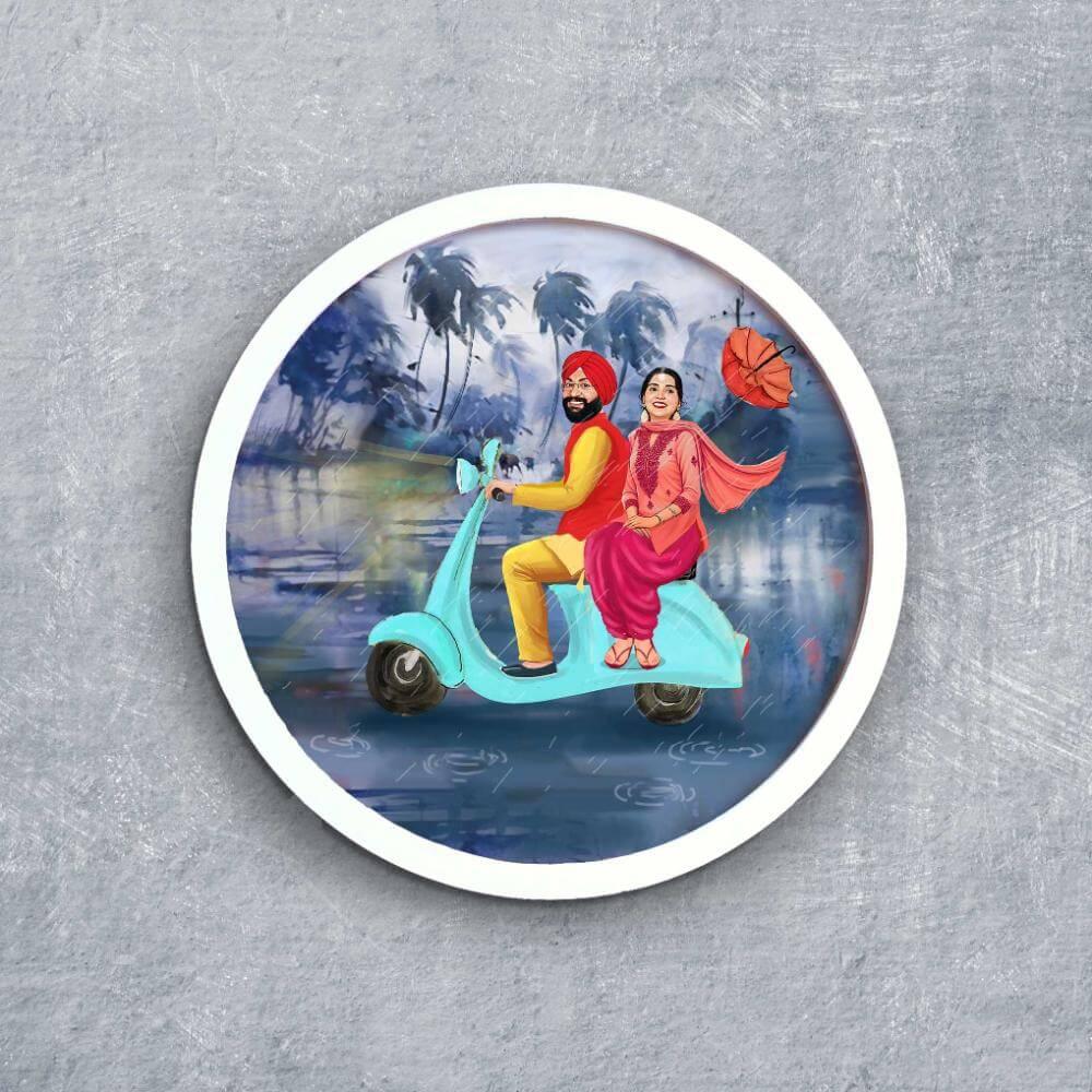 Photo Caricature Nameplate - Rainy Day Adventure - Scooter Ride