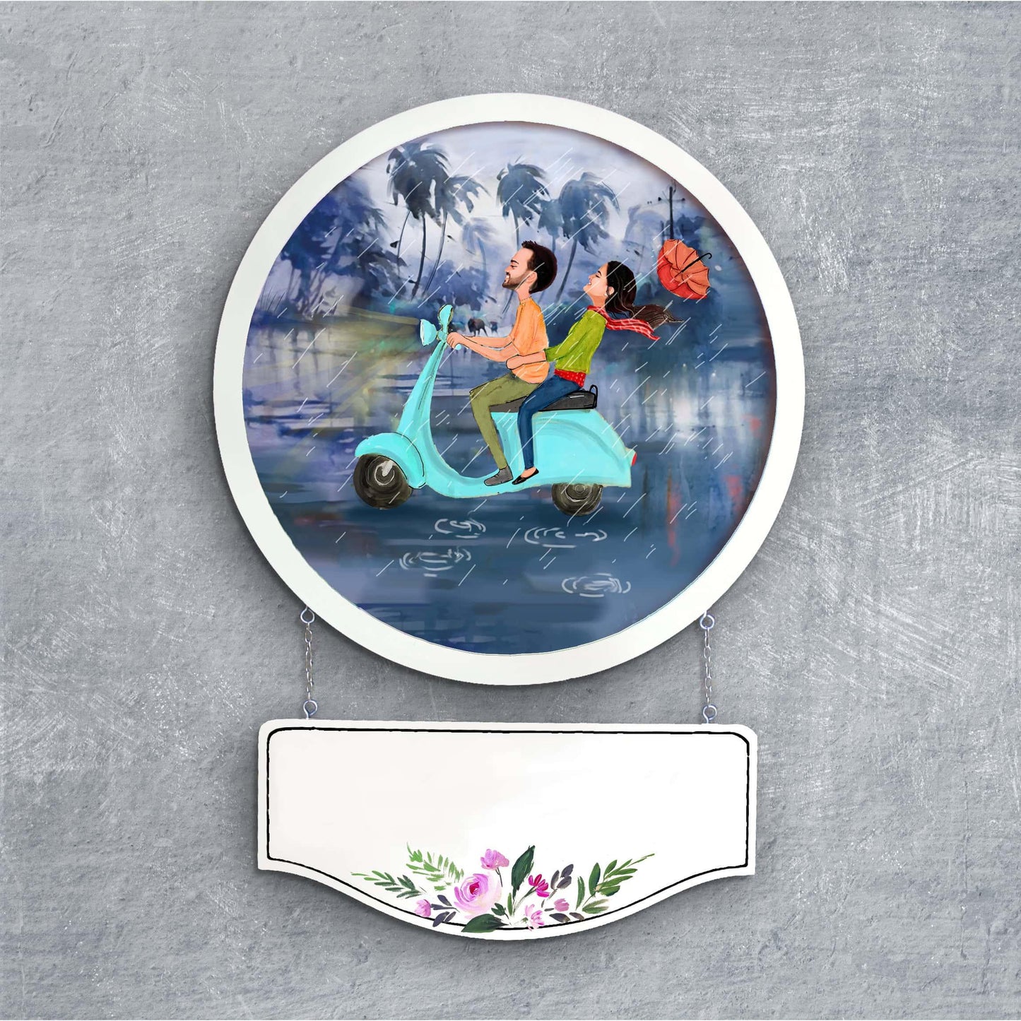 Photo Caricature Nameplate - Rainy Day Adventure - Scooter Ride