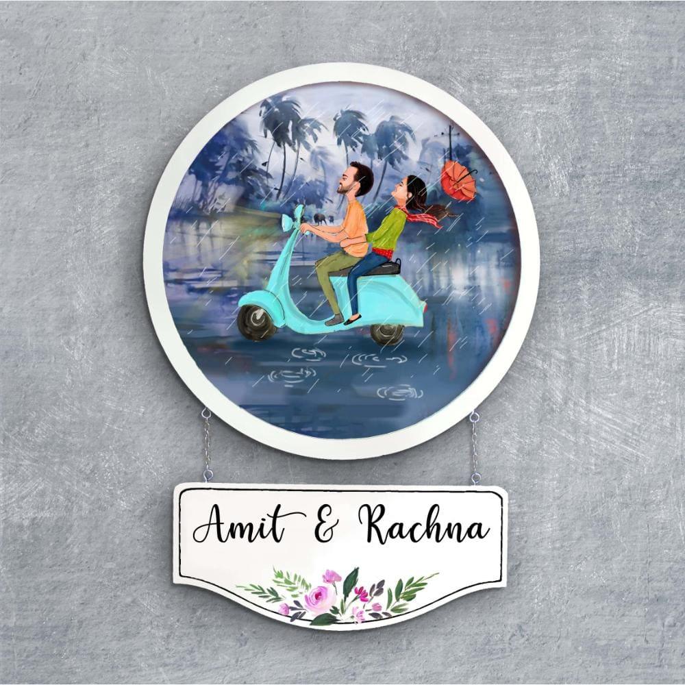 Photo Caricature Nameplate - Rainy Day Adventure - Scooter Ride