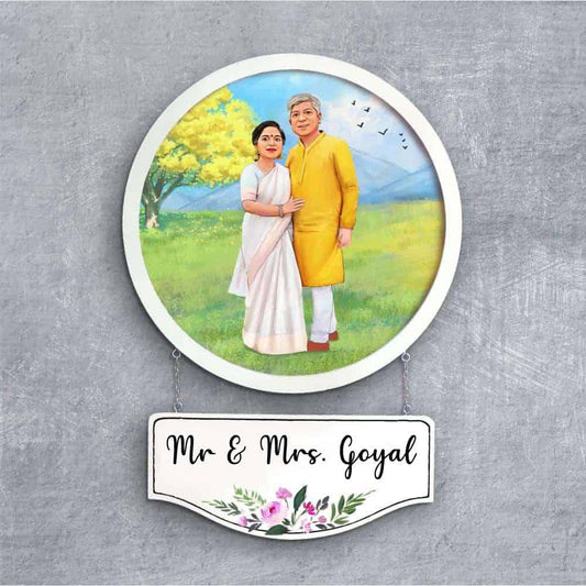 Photo Caricature Nameplate - Holiday Couple - Open Meadows