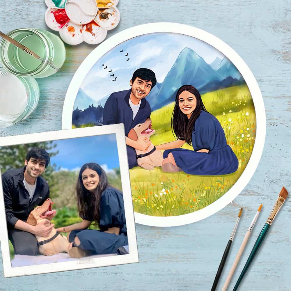 Photo Caricature Nameplate - Holiday Couple - Picnic Spot