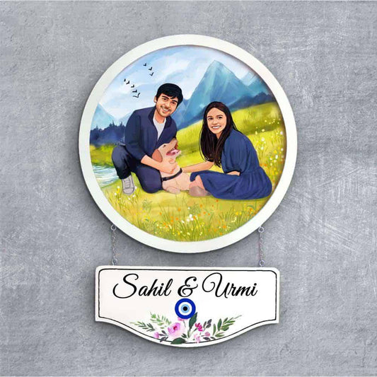 Photo Caricature Nameplate - Holiday Couple - Picnic Spot