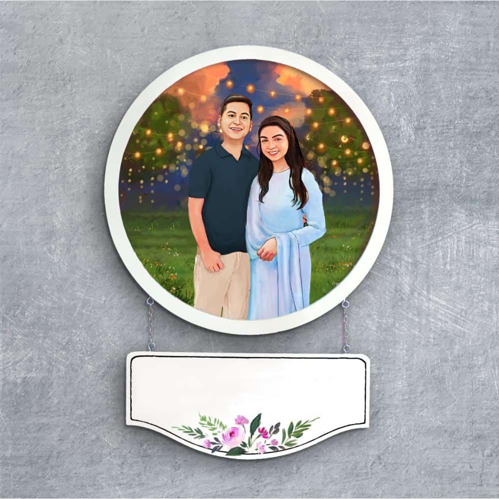 Photo Caricature Nameplate - Wedding Couple - Evening Lights