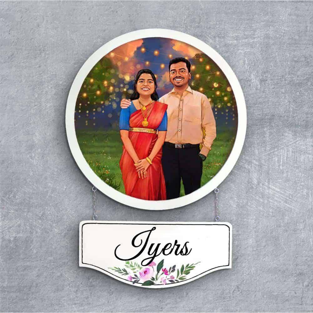 Photo Caricature Nameplate - Wedding Couple - Evening Lights