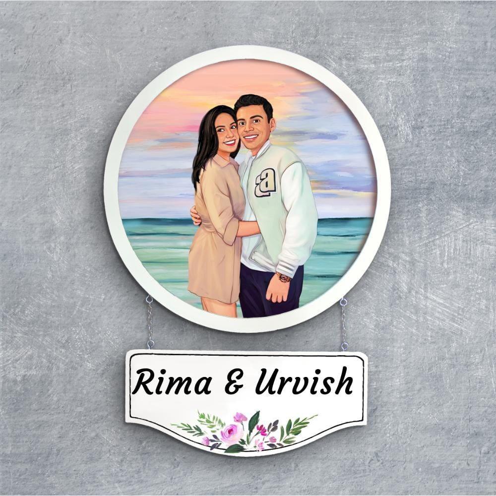 Photo Caricature Nameplate - Holiday Couple - Sunset Point