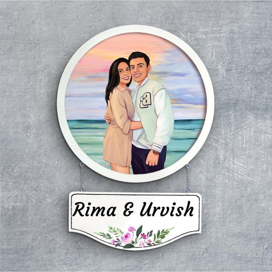 Photo Caricature Nameplate - Holiday Couple - Sunset Point