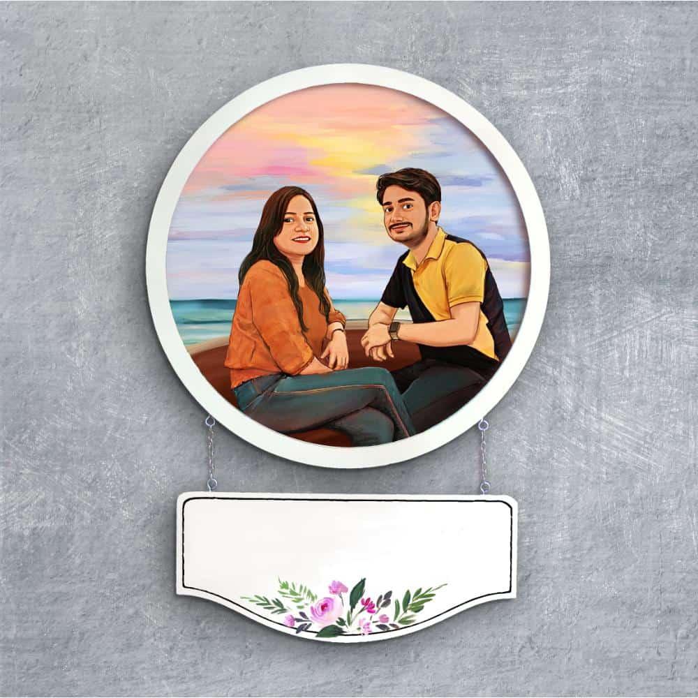 Photo Caricature Nameplate - Holiday Couple - Sunset Point