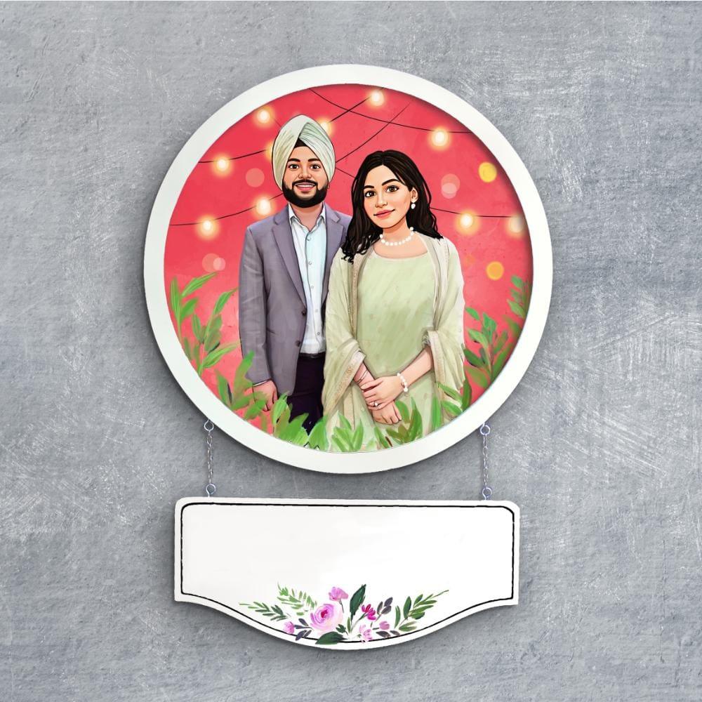 Photo Caricature Nameplate - Wedding Couple - Fairy Lights