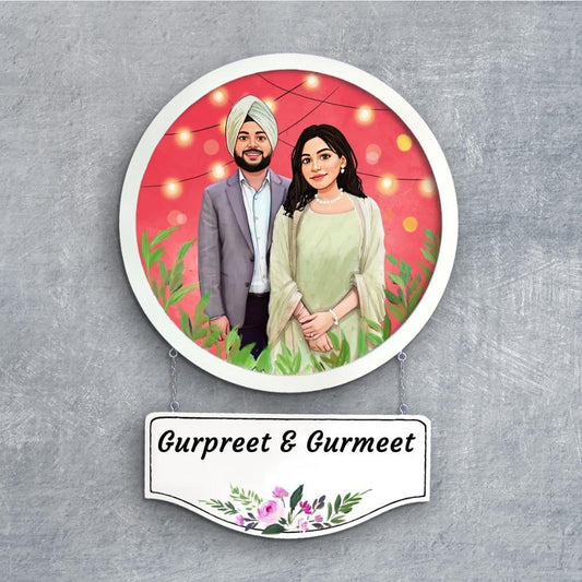 Photo Caricature Nameplate - Wedding Couple - Fairy Lights