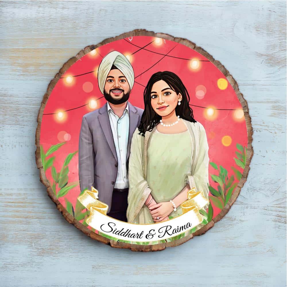 Photo Caricature Nameplate - Wedding Couple - Fairy Lights