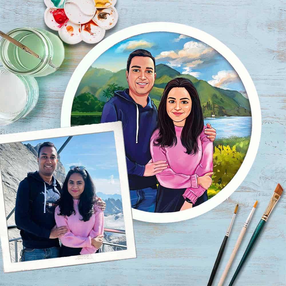 Photo Caricature Nameplate - Holiday Couple - Hill Station