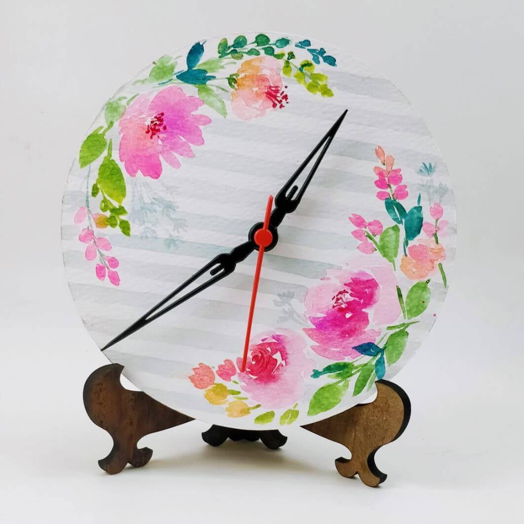 Grey Strips Floral - Hand-painted Table Clock