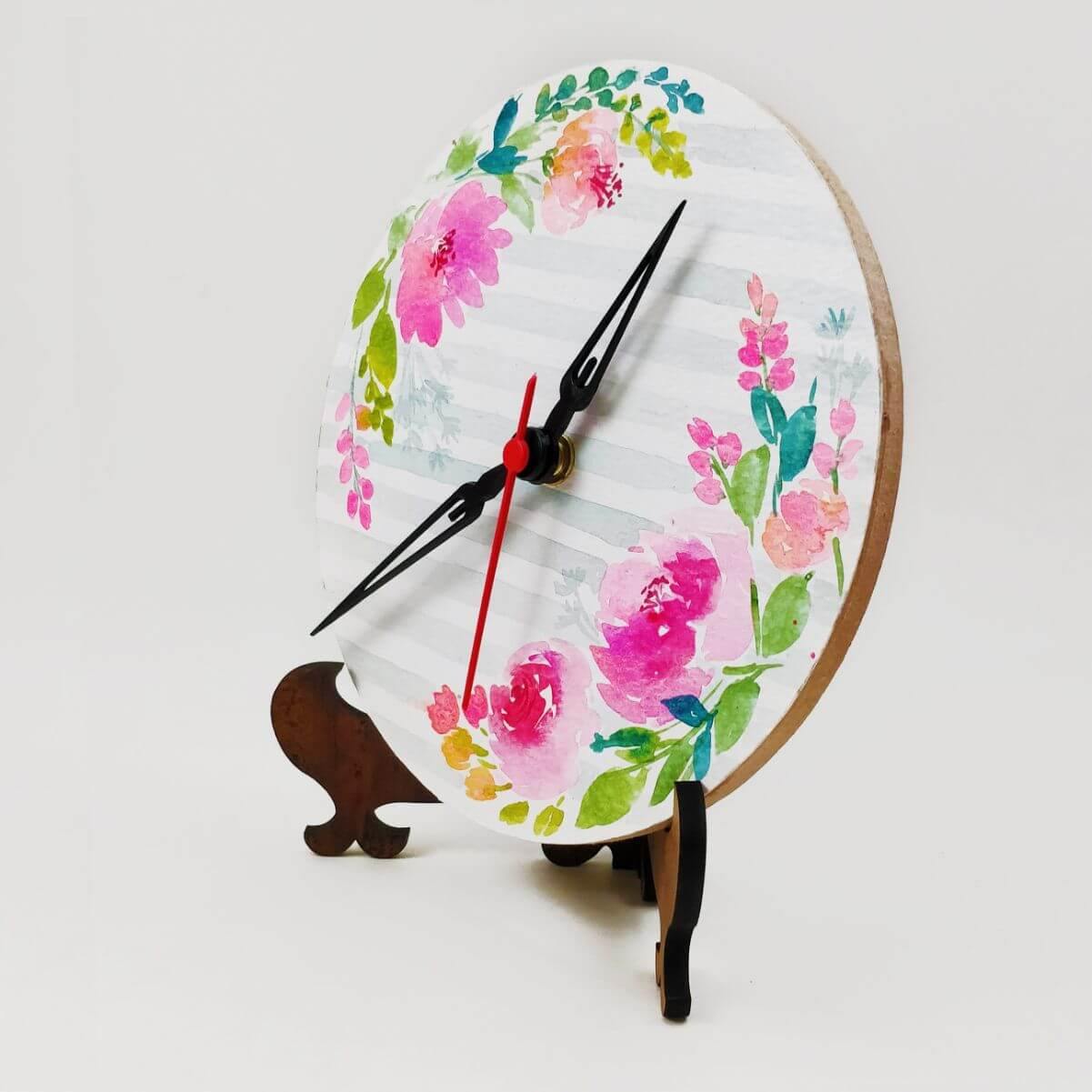 Grey Strips Floral - Hand-painted Table Clock