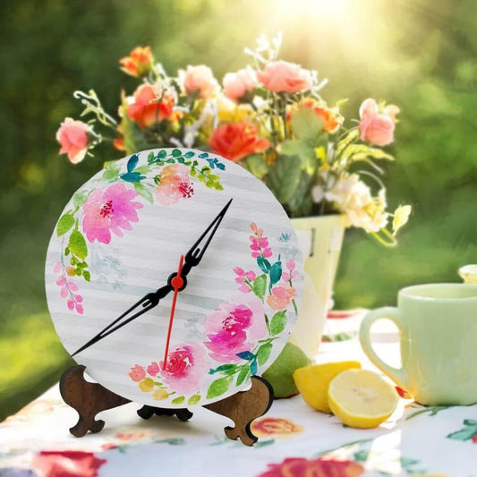 Grey Strips Floral - Hand-painted Table Clock