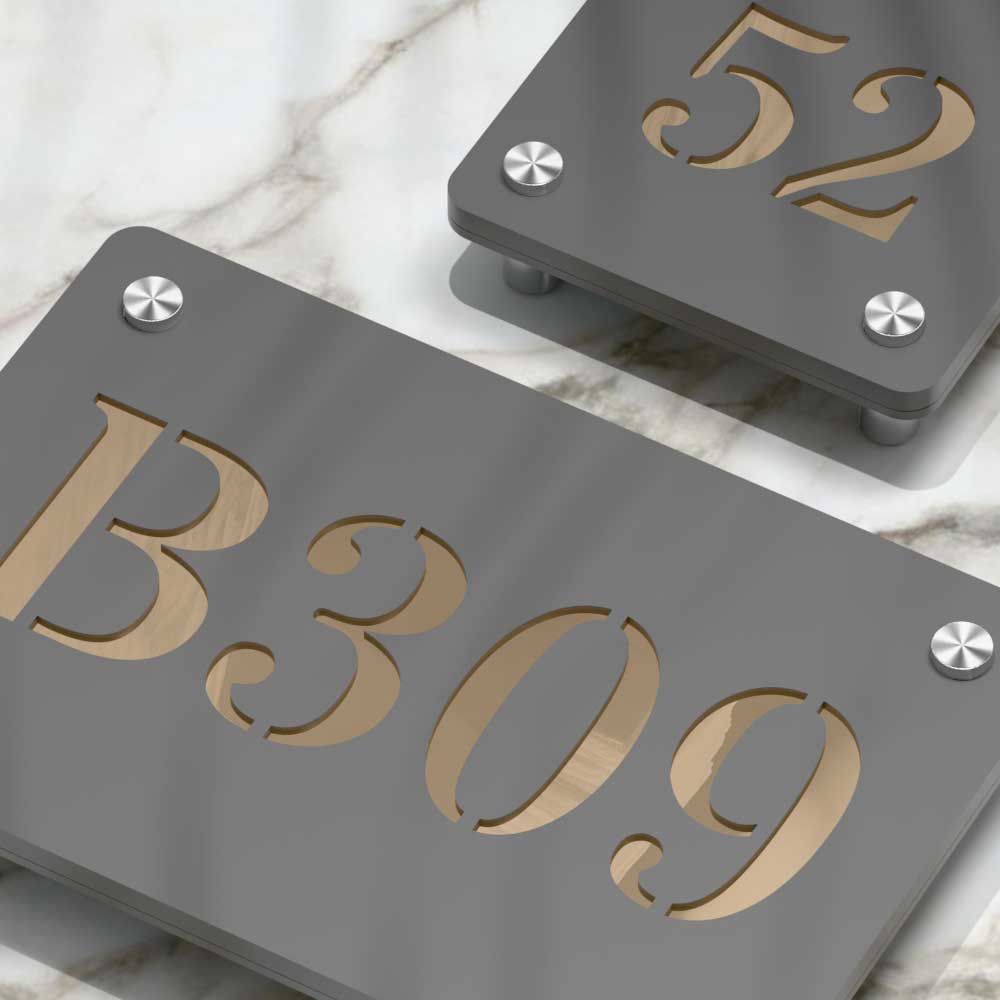 Strata Dualtone Number Sign - Dark Grey & Mirror Gold