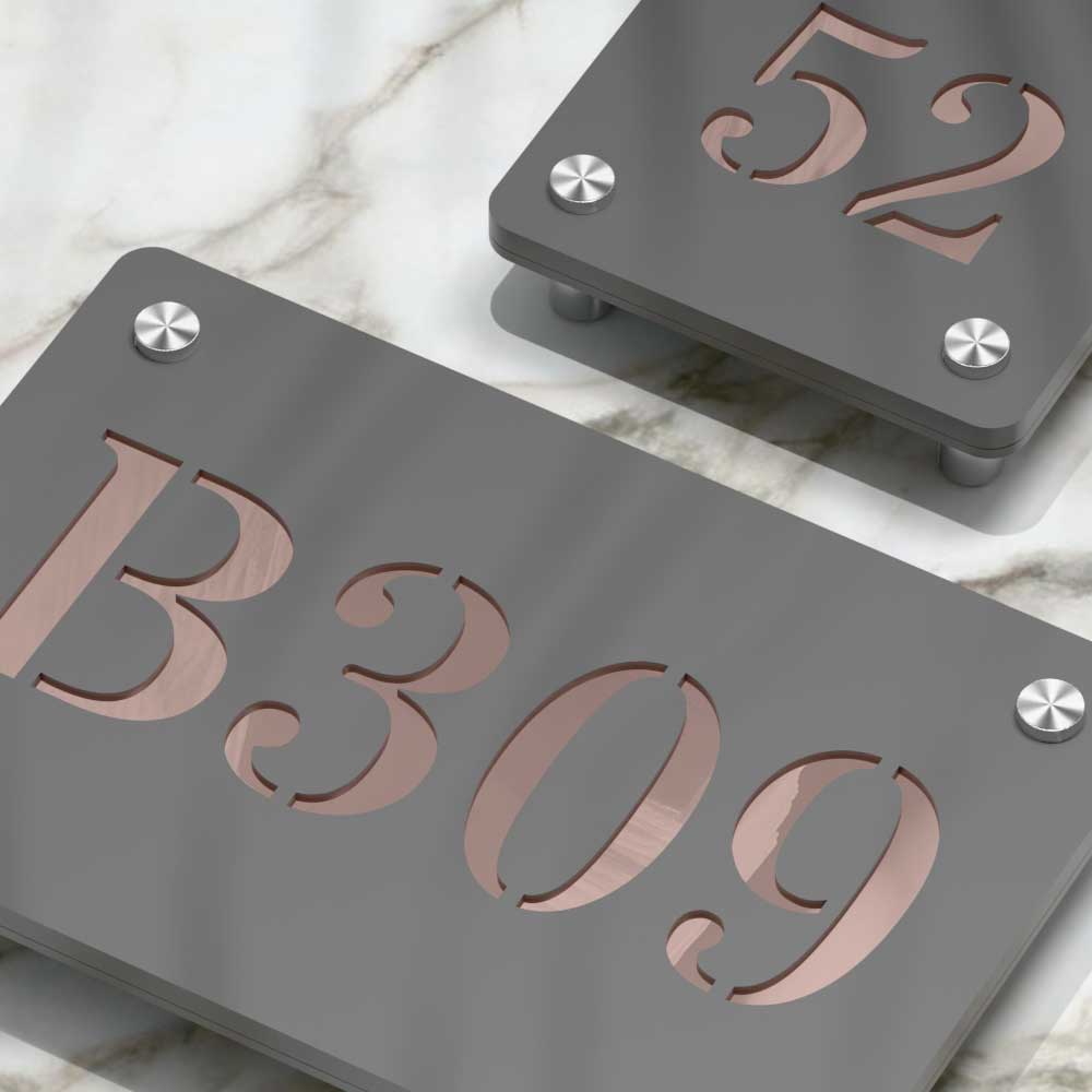 Strata Dualtone Number Sign - Dark Grey & Mirror Rose Gold