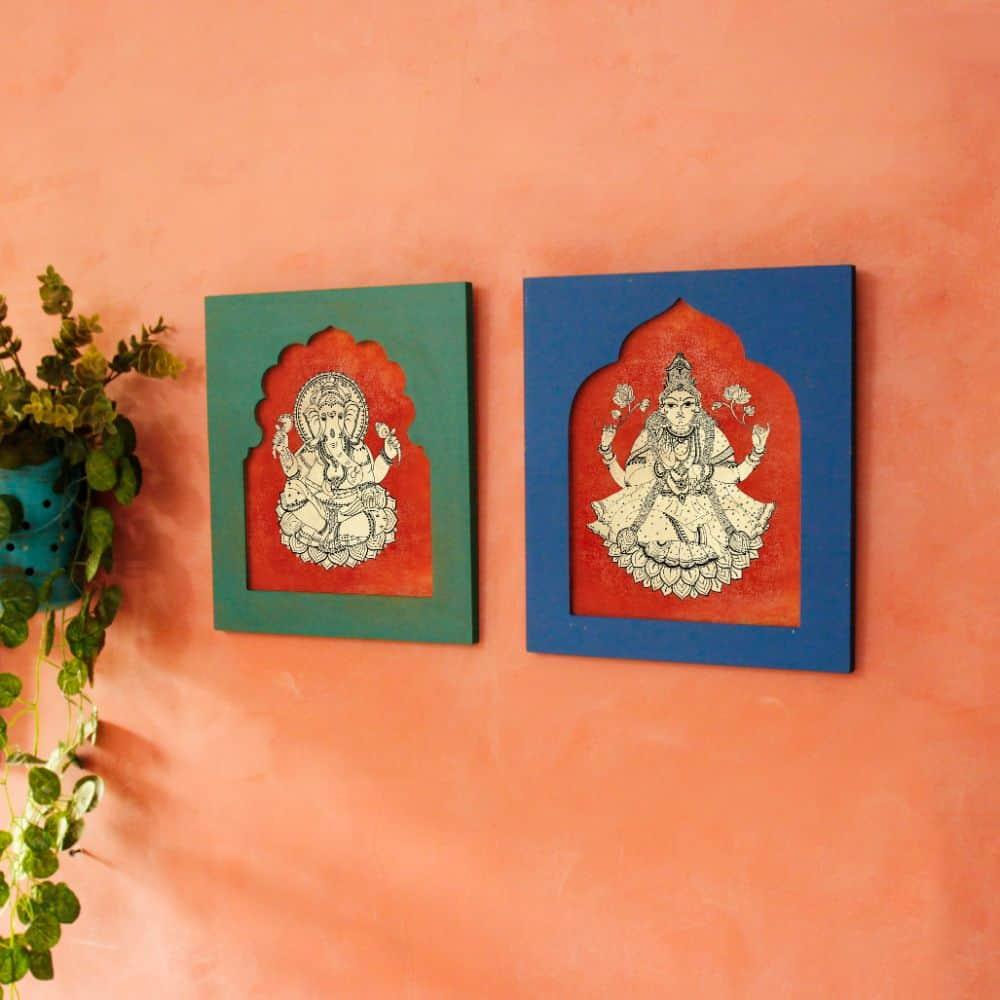 Handpainted Lakshmi-Ganesh Wall Art (Set of 2)
