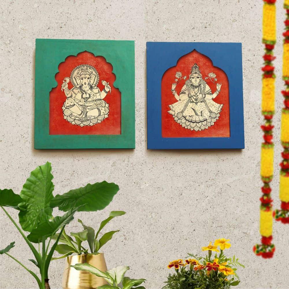 Handpainted Lakshmi-Ganesh Wall Art (Set of 2)