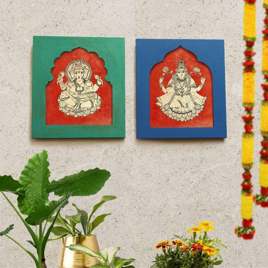 Handpainted Lakshmi-Ganesh Wall Art (Set of 2)