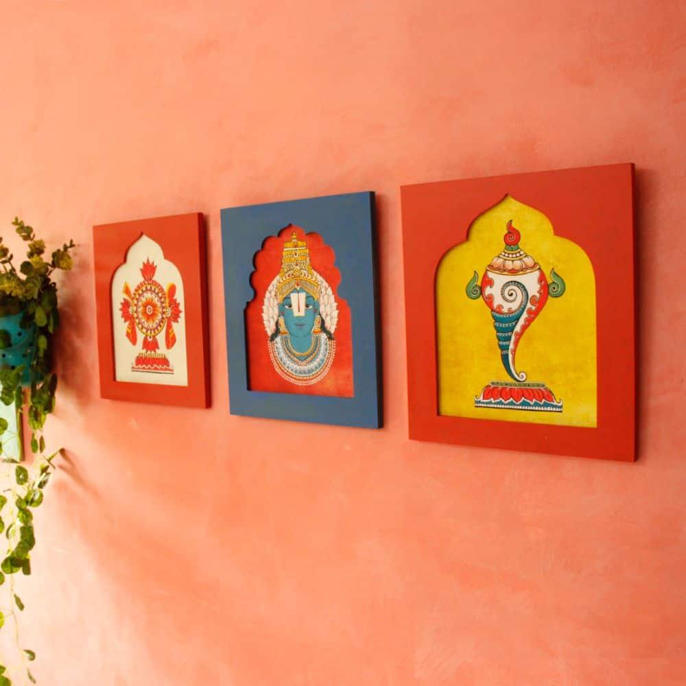 Handpainted Vishnu Shanku Chakra Wall Art (Set of 3)