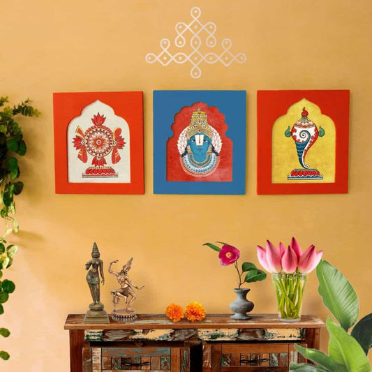 Handpainted Vishnu Shanku Chakra Wall Art (Set of 3)