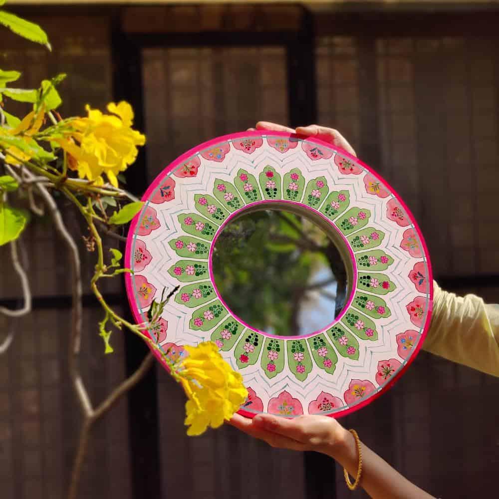 Decorative Designer Mirror (Round) - Peach & Green