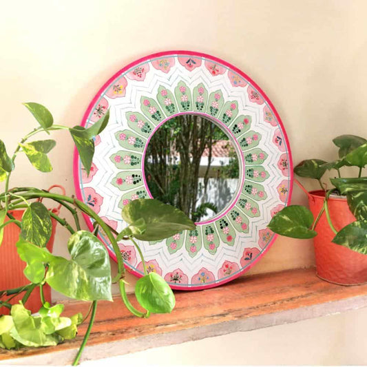 Decorative Designer Mirror (Round) - Peach & Green