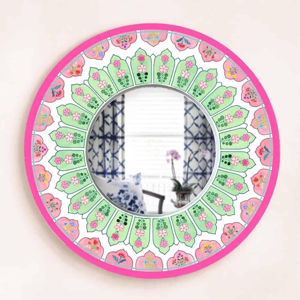 Decorative Designer Mirror (Round) - Peach & Green