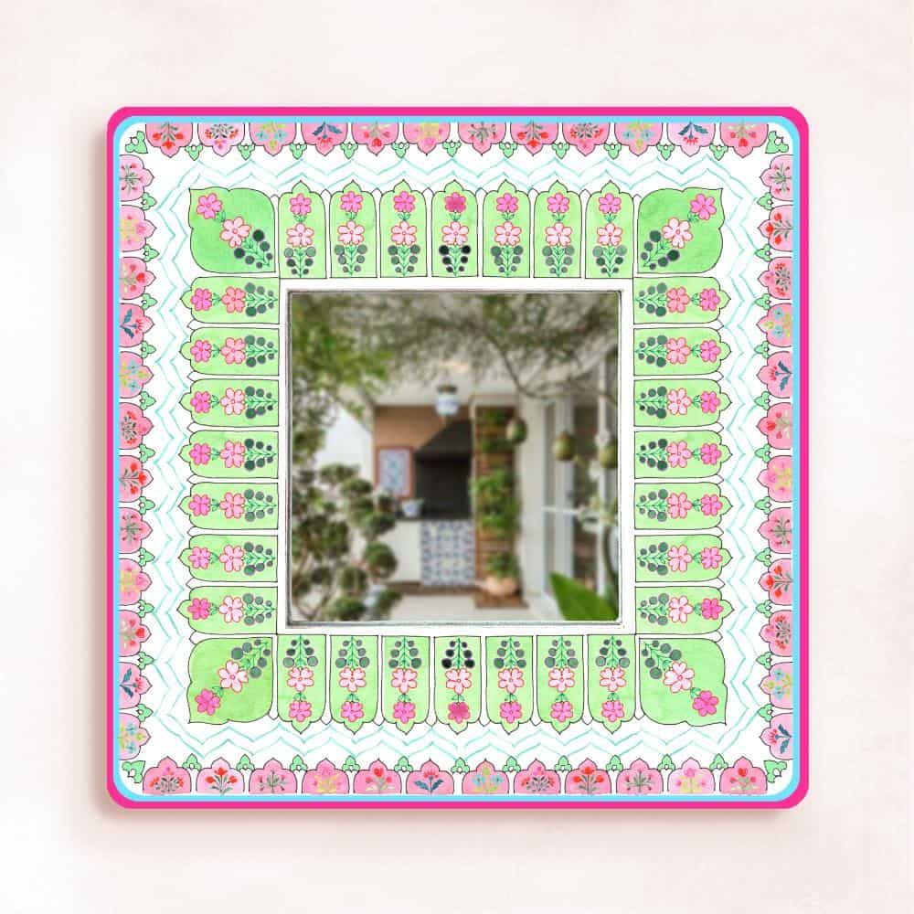Decorative Designer Mirror (Square) - Peach & Green