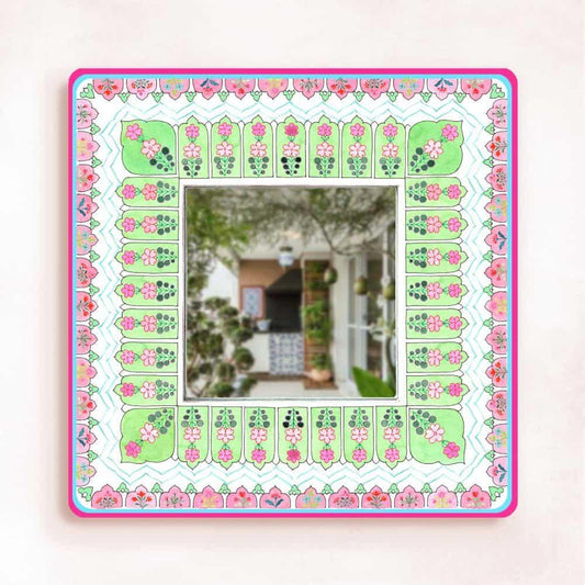 Decorative Designer Mirror (Square) - Peach & Green