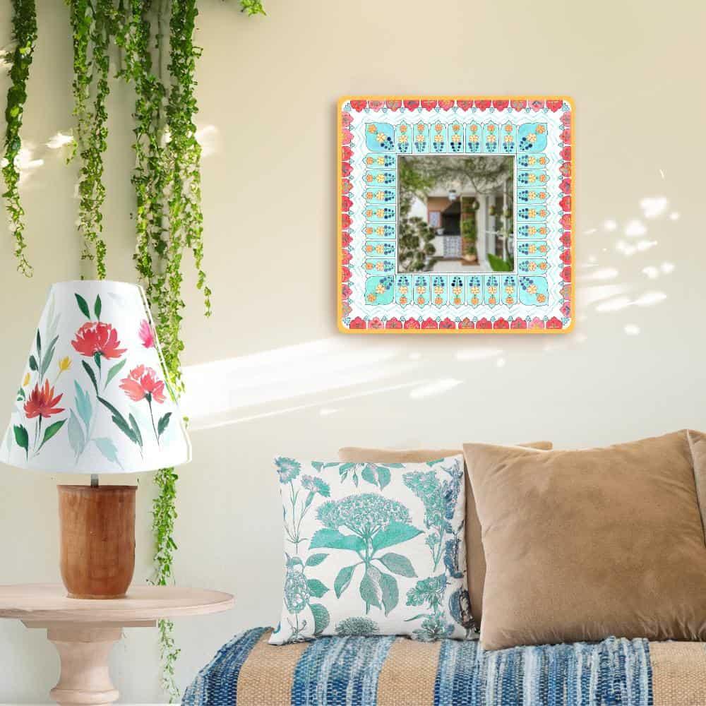 Decorative Designer Mirror (Square) - Teal & Red