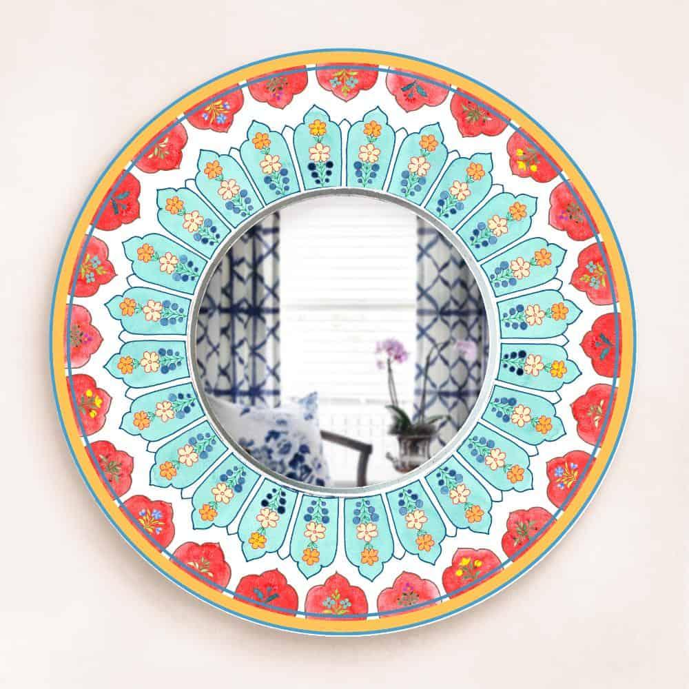 Decorative Designer Mirror (Round) - Teal & Red