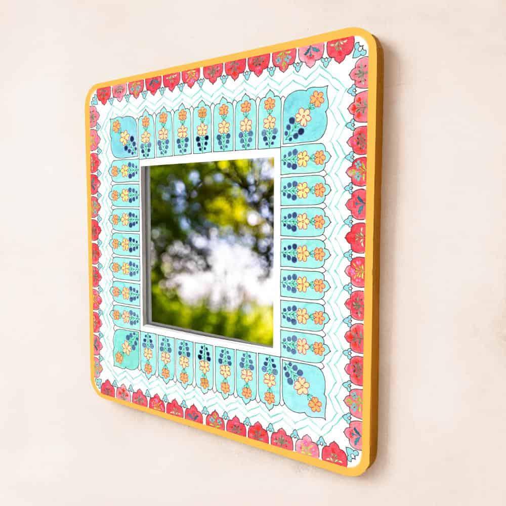 Decorative Designer Mirror (Square) - Teal & Red