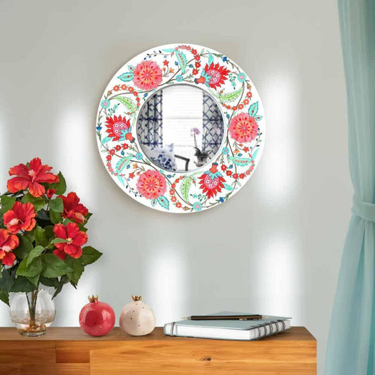 Decorative Designer Mirror (Round) - Veli - Teal & Red