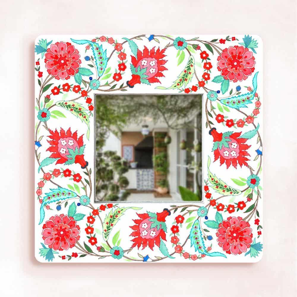 Decorative Designer Mirror (Square) - Veli - Teal & Red
