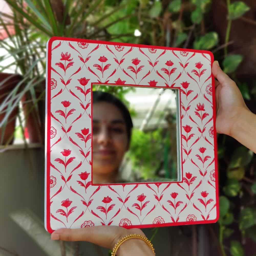 Decorative Designer Mirror (Square) - Red Monochrome Roses