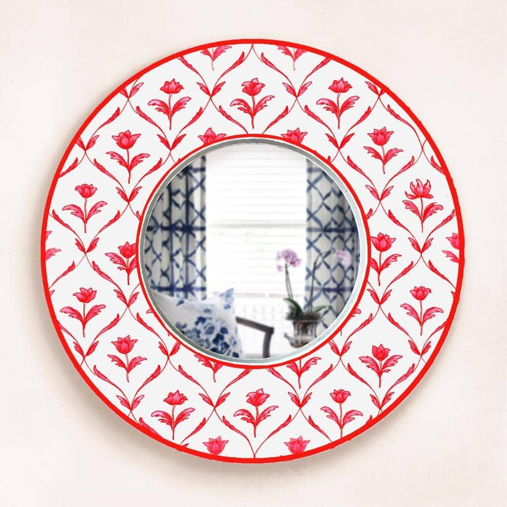 Decorative Designer Mirror (Round) - Red Monochrome Roses