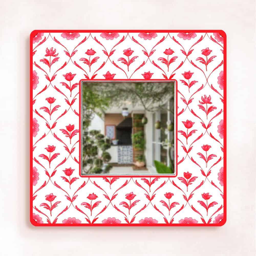 Decorative Designer Mirror (Square) - Red Monochrome Roses