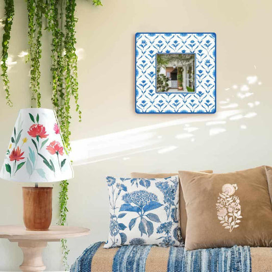 Decorative Designer Mirror (Square) - Blue Monochrome Roses