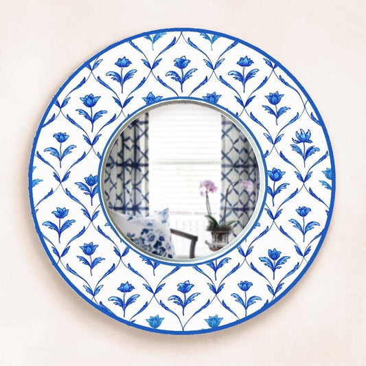 Decorative Designer Mirror (Round) - Blue Monochrome Roses