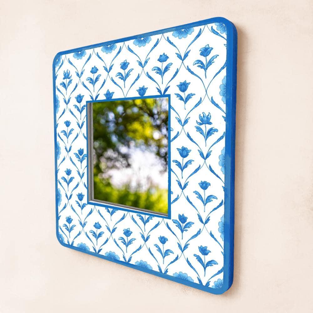 Decorative Designer Mirror (Square) - Blue Monochrome Roses