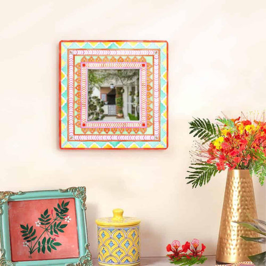 Decorative Designer Mirror (Square) - Orange & Green