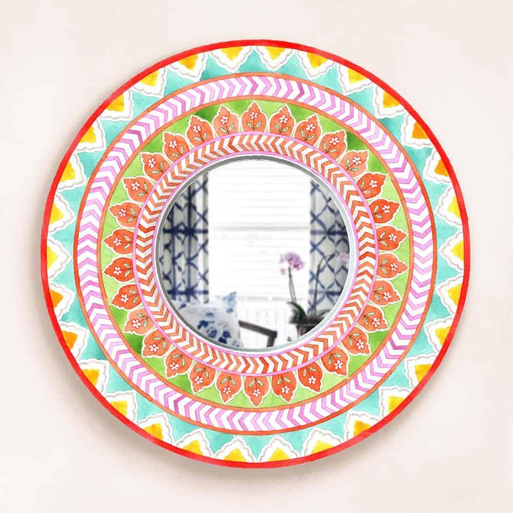Decorative Designer Mirror (Round) - Orange & Green