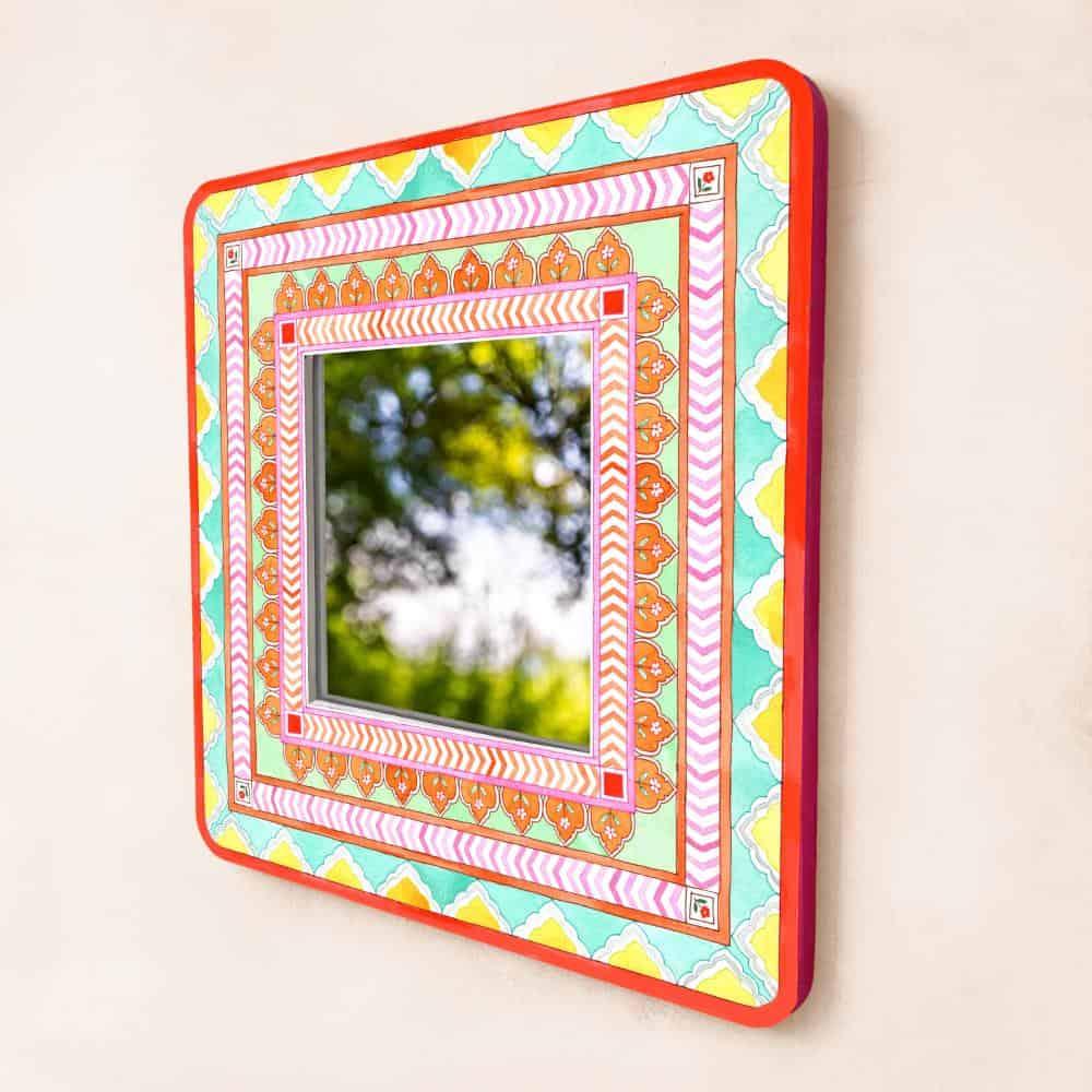 Decorative Designer Mirror (Square) - Orange & Green