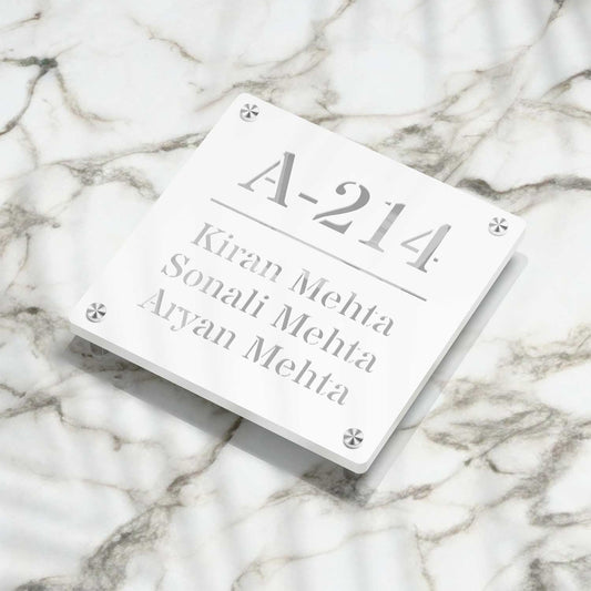 Strata Dualtone Square Nameplate - Matte White & Mirror Silver