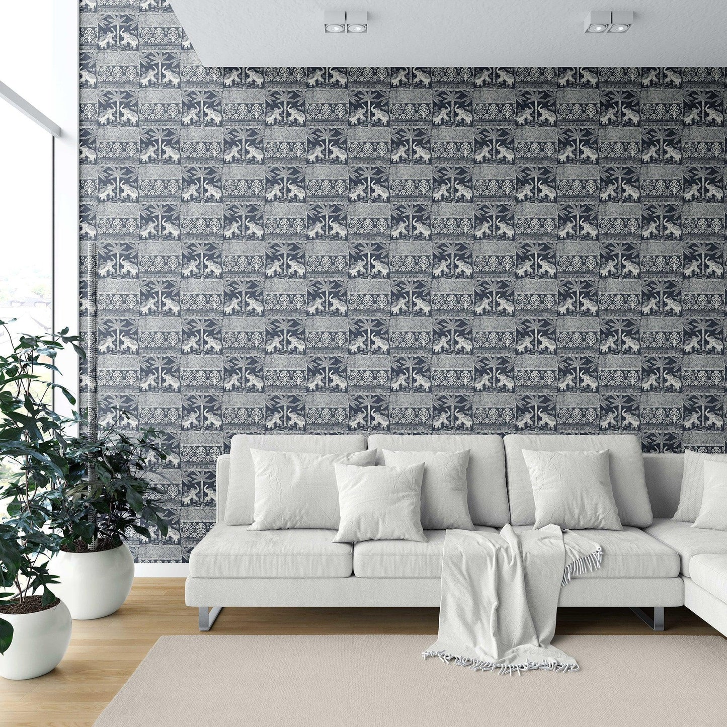 Elephant Grove Wallpaper - Indigo Canopy