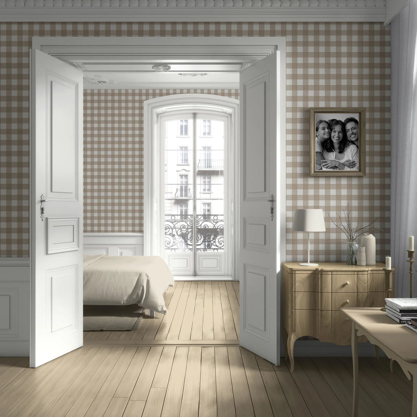 Bramwell Gingham Wallpaper - Stone Linen