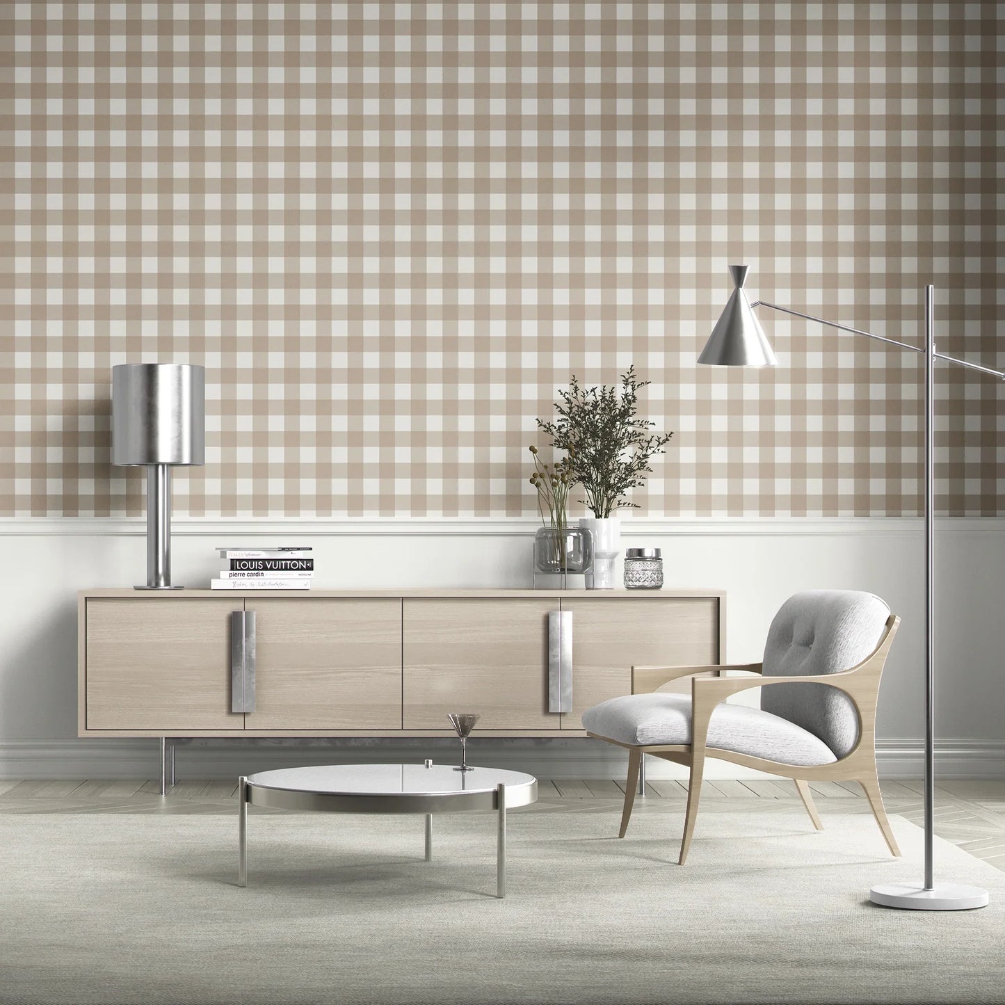 Bramwell Gingham Wallpaper - Stone Linen