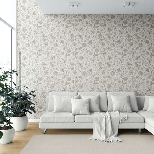 Garden Anthology Wallpaper - Olive Linework